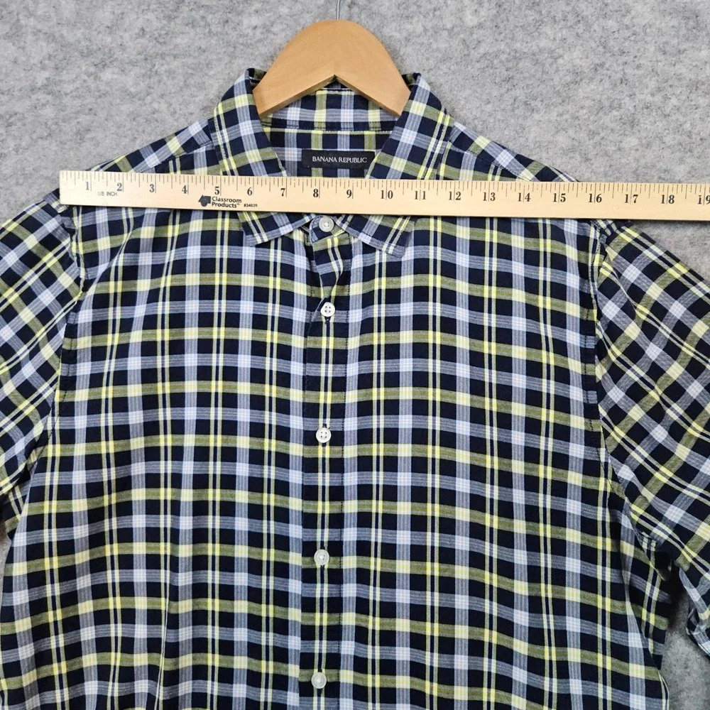 Banana Republic Men's Blue & Yellow Plaid Shirt Size L Untucked Slim‎ Fit Preppy